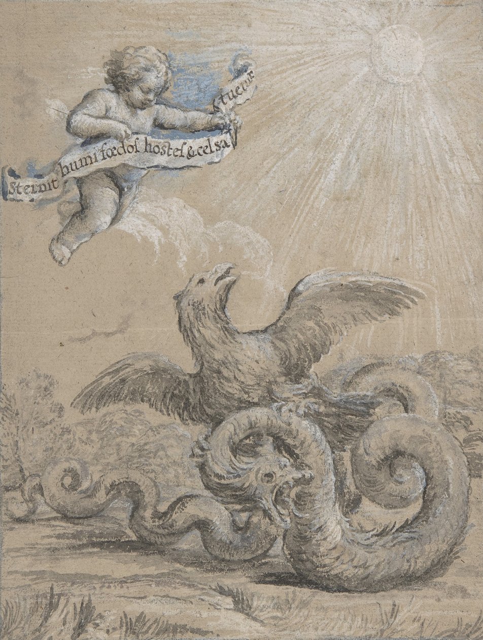 Ontwerp met een Adelaar die vecht met een Slang en een Putto in de Lucht die..., 17e eeuw door Pietro da Cortona