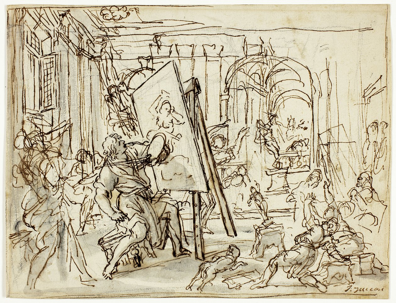 Aardbeving in de studio van een kunstenaar door Pietro da Cortona