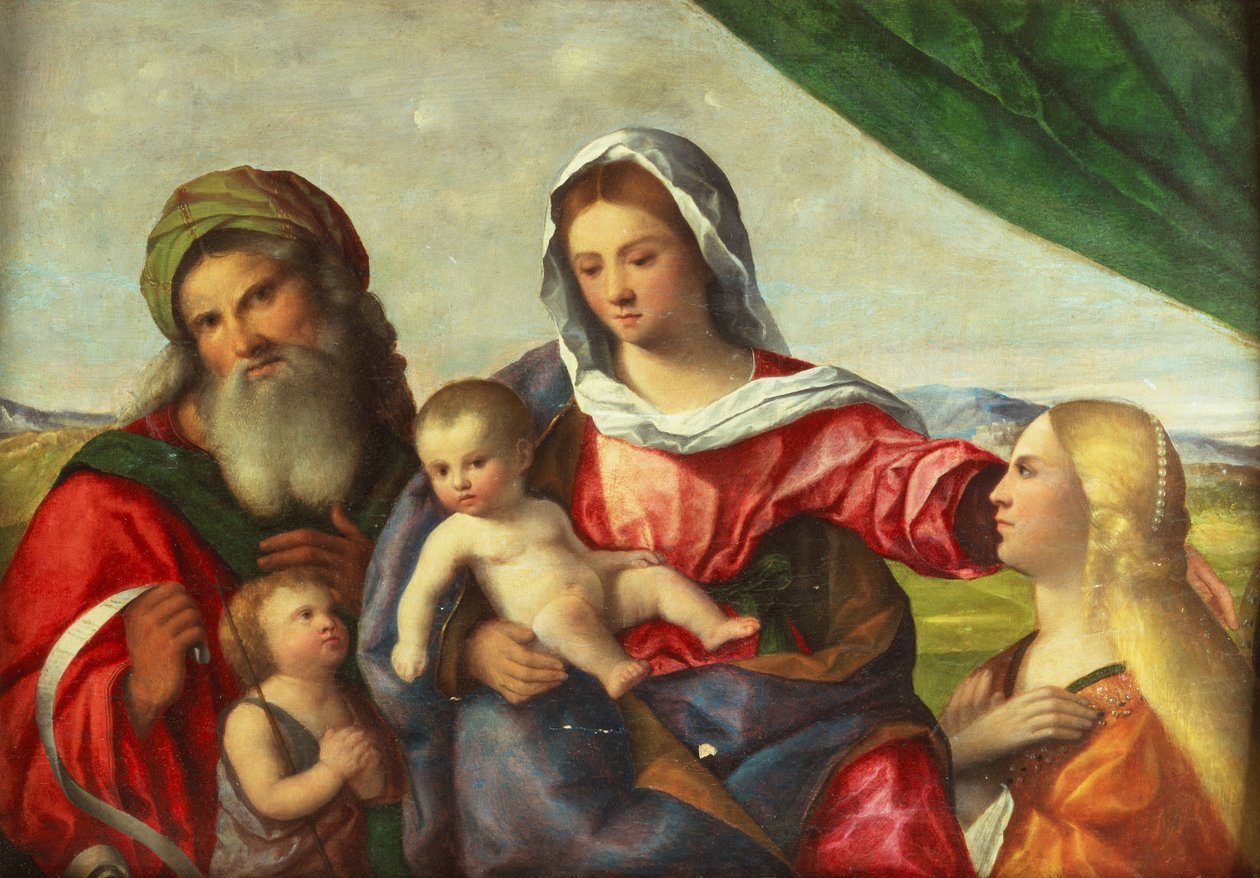 De Madonna en het Kind met het Kind St.Johannes de Doper, St.Catharina en St.Zacharias in een landschap (olieverf op doek) door Pietro degli Ingannati