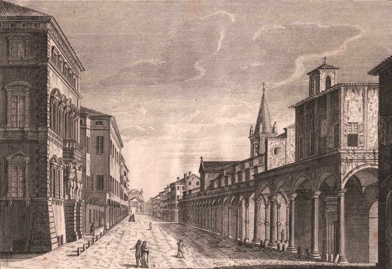 Uitzicht op de Strada Maggiore in Bologna, Emilia-Romagna, Italië, kopergravure door C Lambertini naar tekening van Pio Panfili, circa 13.5x19 cm door Pio Panfili