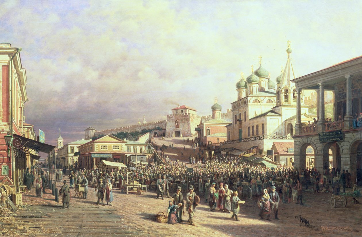 Markt in Nishny, Novgorod, 1872 door Piotr Petrovitch Weretshchagin