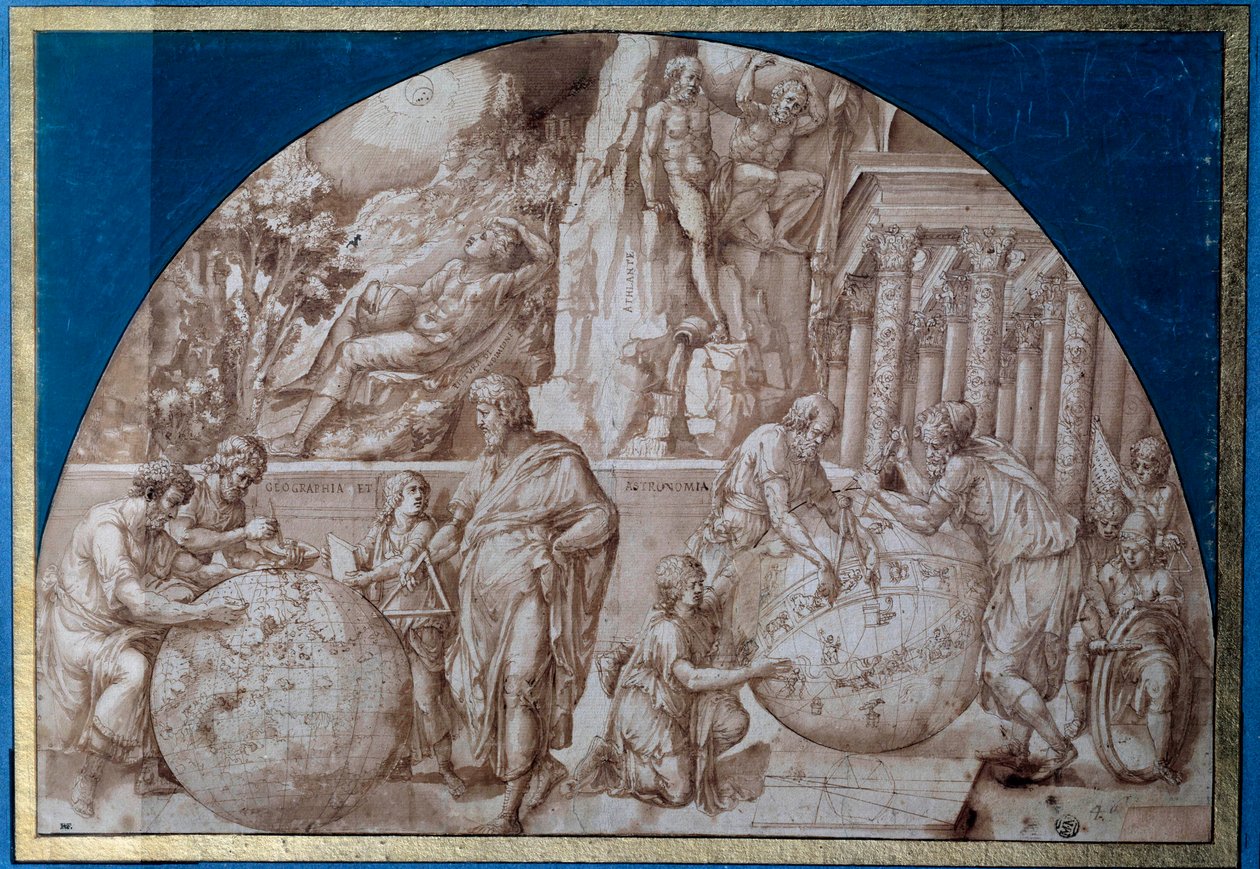 Allegorie van de astronomie. Wetenschappers nemen metingen op aardgloben. Tekening met bruine inkt door Pirro Ligorio (circa 1500-1583) 16e eeuw door Pirro Ligorio