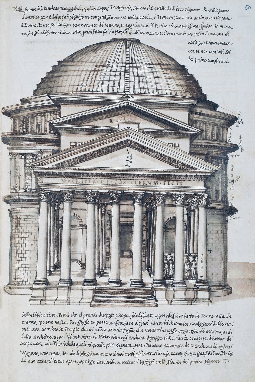 Zicht op het Pantheon in Rome, tekening uit volume XIII van XXX Libri delle Antichita (Boeken van Oudheden) door Pirro Ligorio