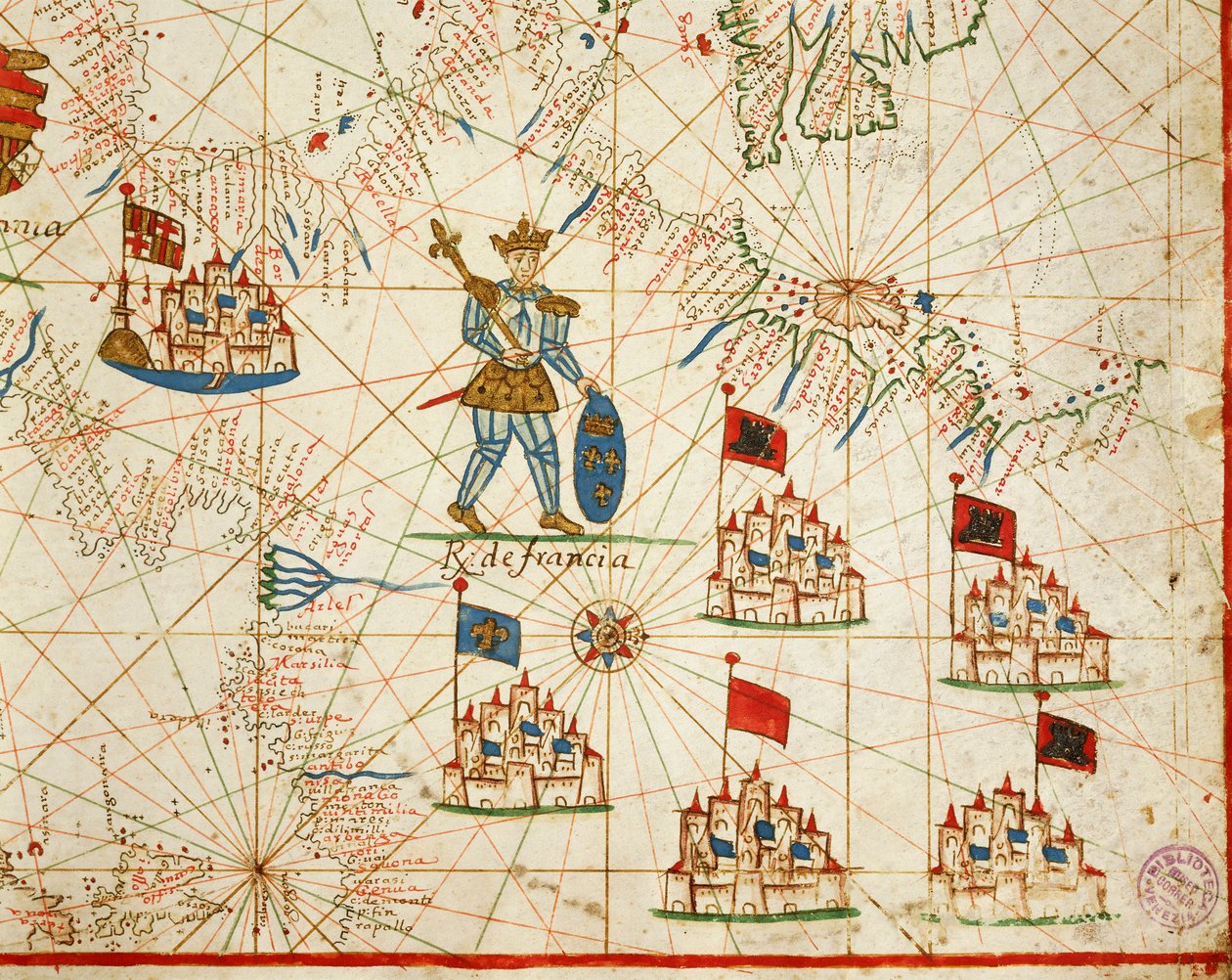 Koninkrijk Frankrijk, uit portolan atlas bestaande uit zes kaarten, door Placido Caloiro en Francesco Oliva, perkament. 1646 door Placido Caloiro e Oliva