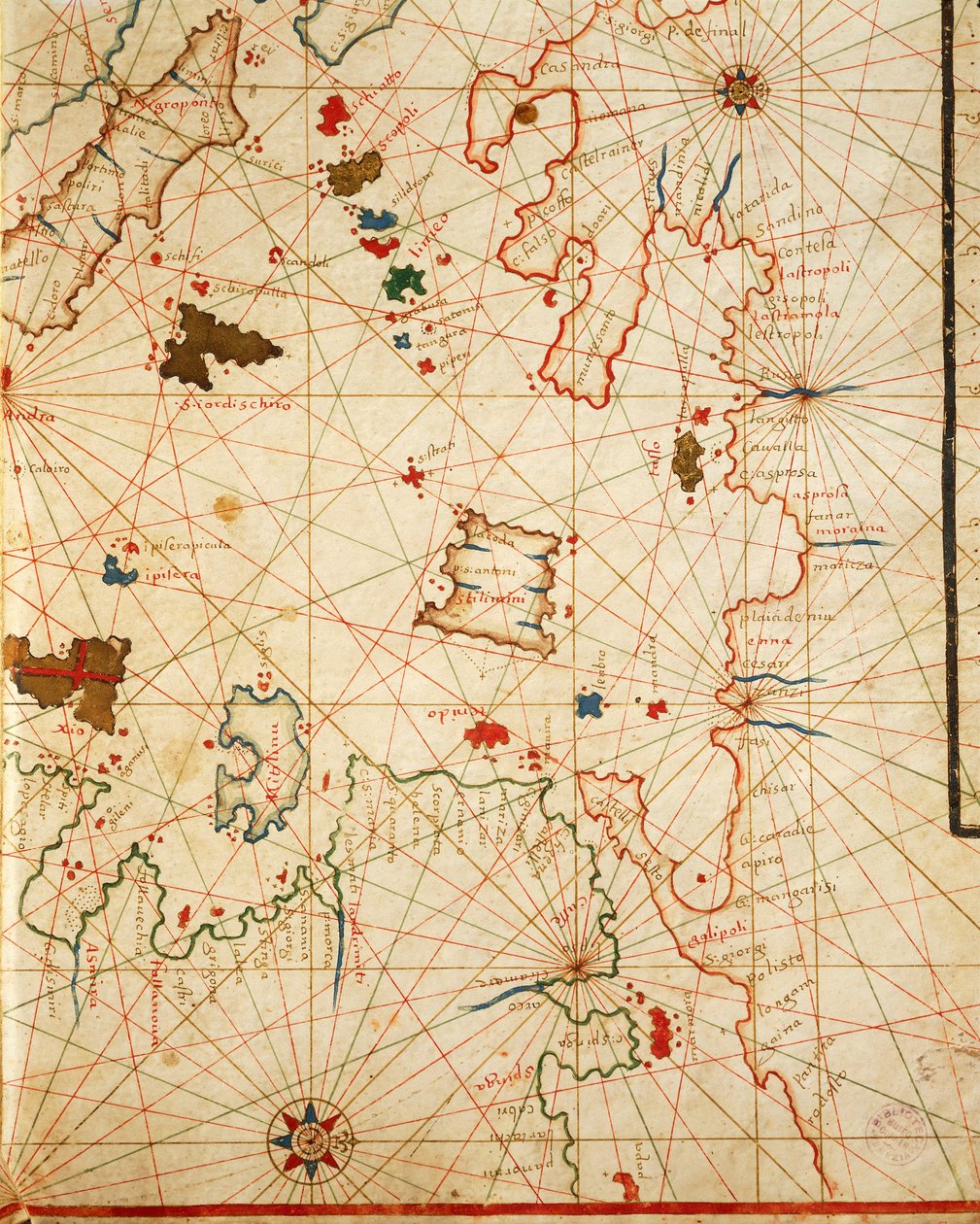 De Peloponnesos, uit portolaanatlas bestaande uit zes kaarten, door Placido Caloiro en Francesco Oliva, perkament. 1646. door Placido Caloiro e Oliva