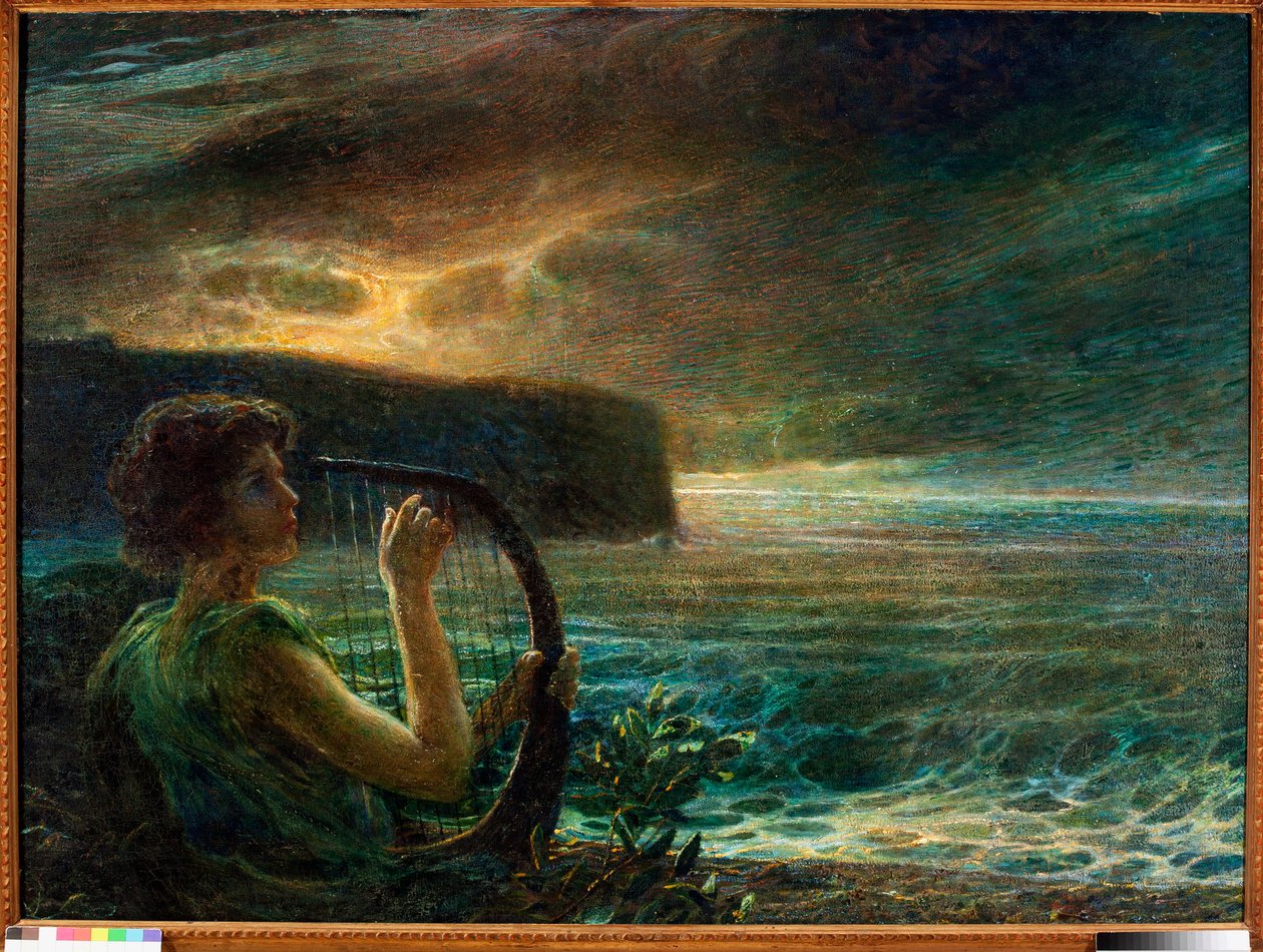 Volle maan, Hulde aan een vrouwelijke godheid, spelend op een lier in een zeegezicht met stormachtige lucht (olie op doek) door Plinio Nomellini