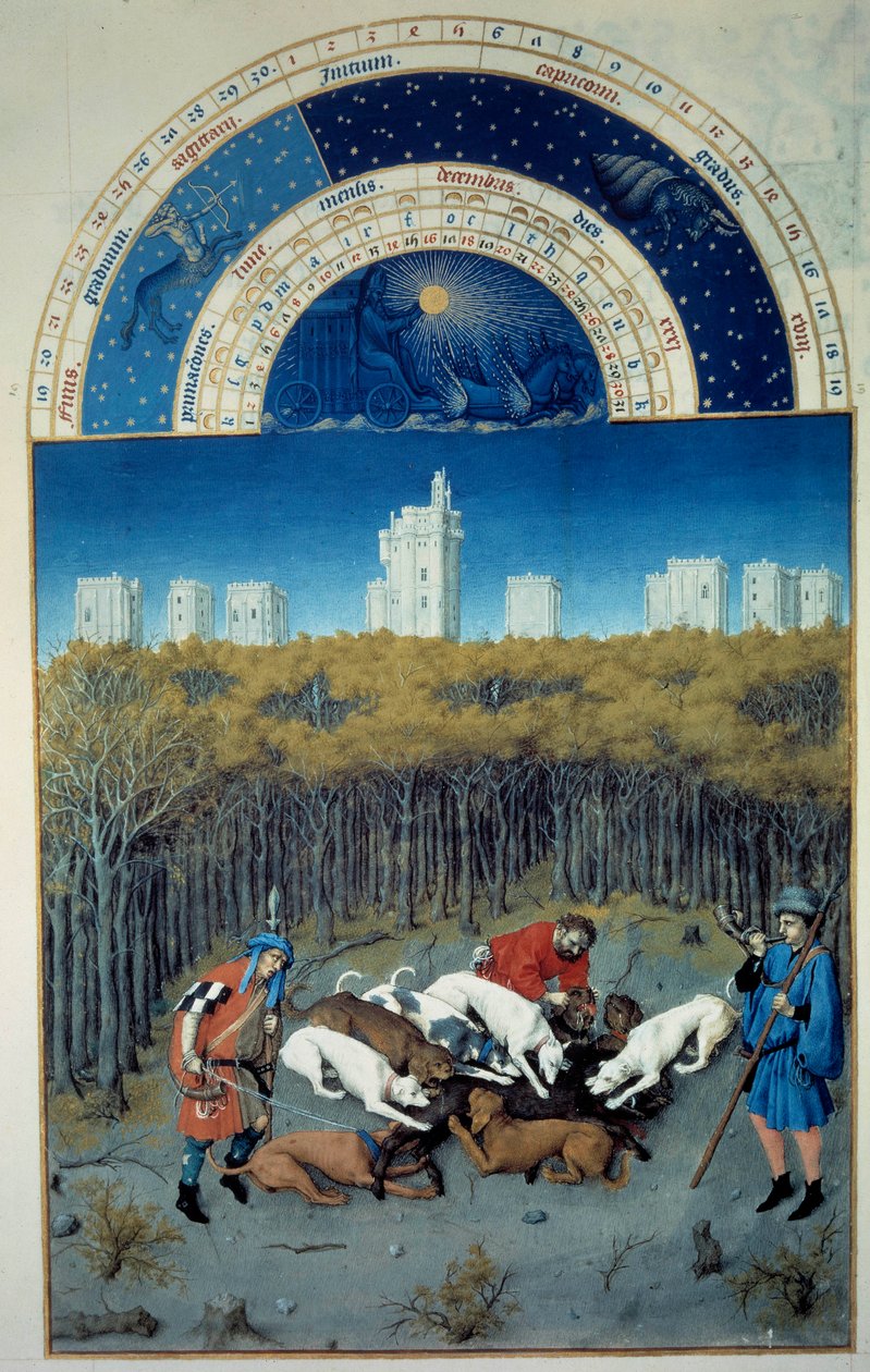 December: jachtscène. Op de achtergrond uitzicht op Vincennes door Pol de Limbourg