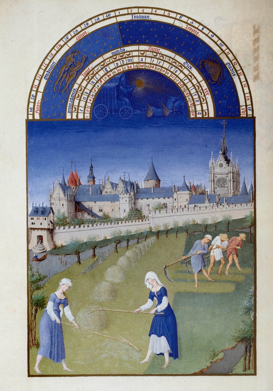 Juni: hooien. Op de achtergrond het paleis van de Vlaamse Miniatuur Heilige Kapel van Pol De Limburg (15e eeuw) uit het manuscript 