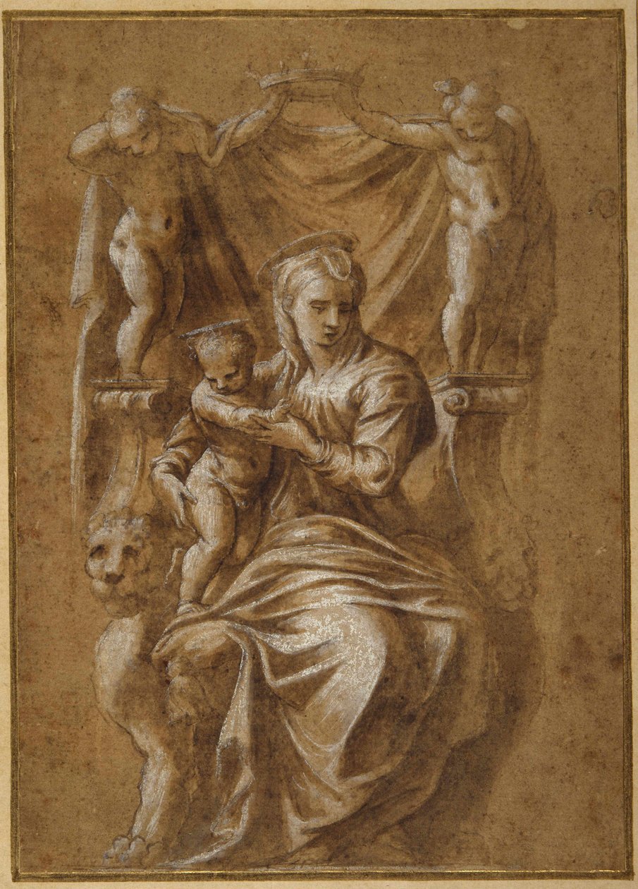 De Madonna en Kind op een troon door Polidoro da (follower of) Caravaggio
