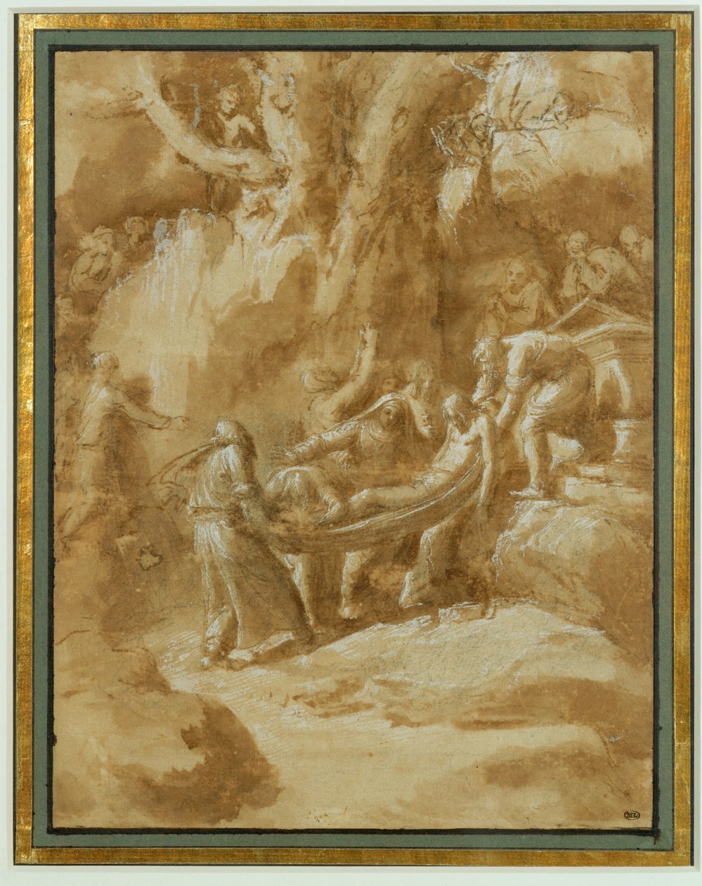 Graflegging. Zwarte steen, penseel en bruin gewassen, wit gehoogd op beige papier ... door Polidoro da Caravaggio
