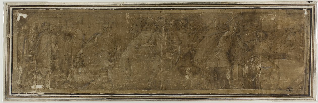 Mucius Scaevola steekt de Tiber over, van plan Porsenna te vermoorden maar per ongeluk zijn schatbewaarder doden door Polidoro da Caravaggio