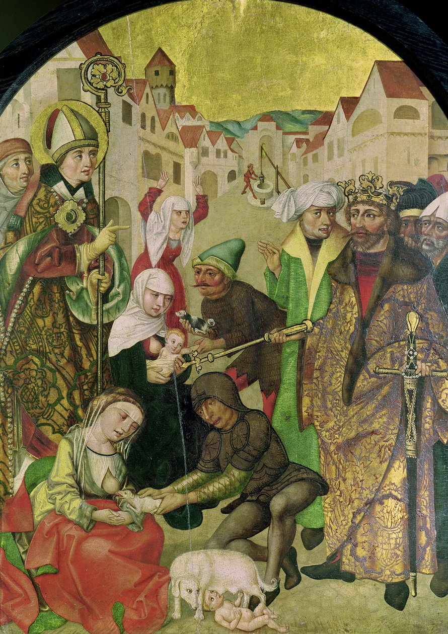 St. Stanislas (1030-79) kijkt toe bij de bestraffing van ontrouwe vrouwen zoals bevolen door koning Boleslas II (1039-81) paneel van het altaarstuk van St. Stanislas door Polish School