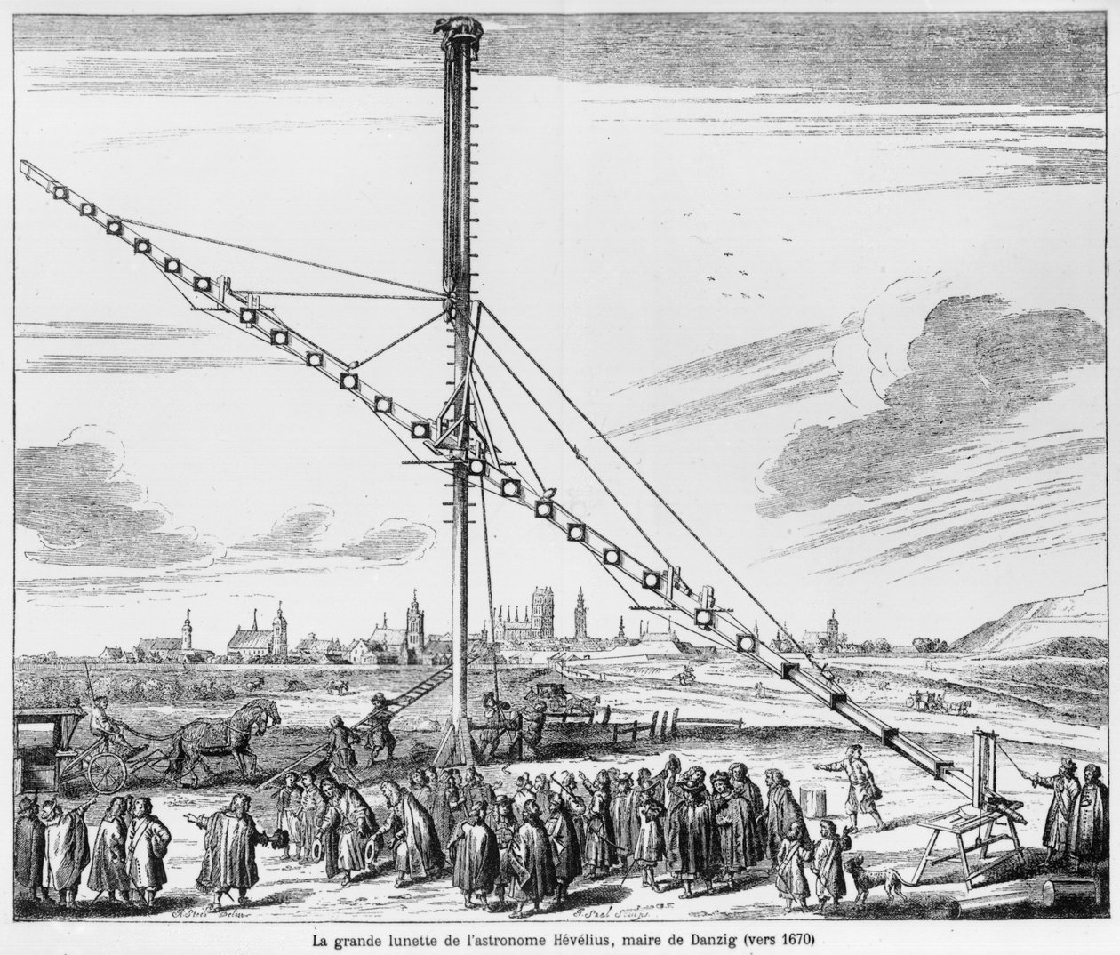 De Grote Astronomische Telescoop van Johannes Hevelius (1611-1687) illustratie uit Machina Coelestis door Hevelius, Gdansk, gepubliceerd 1670 door Polish School