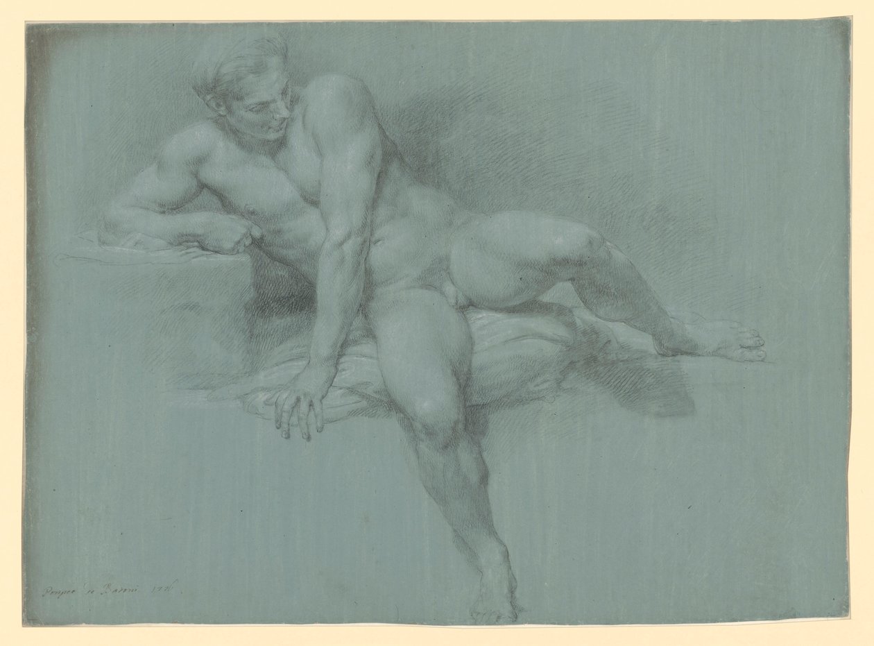 Naaktstudie van een liggend mannelijk model, dat met de linkerarm voor zijn lichaam steunt door Pompeo Girolamo Batoni