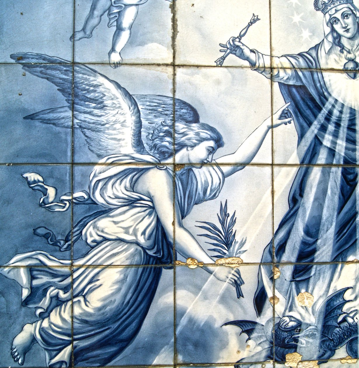 Decoratief paneel met de aartsengel Gabriël en de Maagd Maria die een gevleugelde slang verpletteren, Lamego, Portugal door Portuguese School