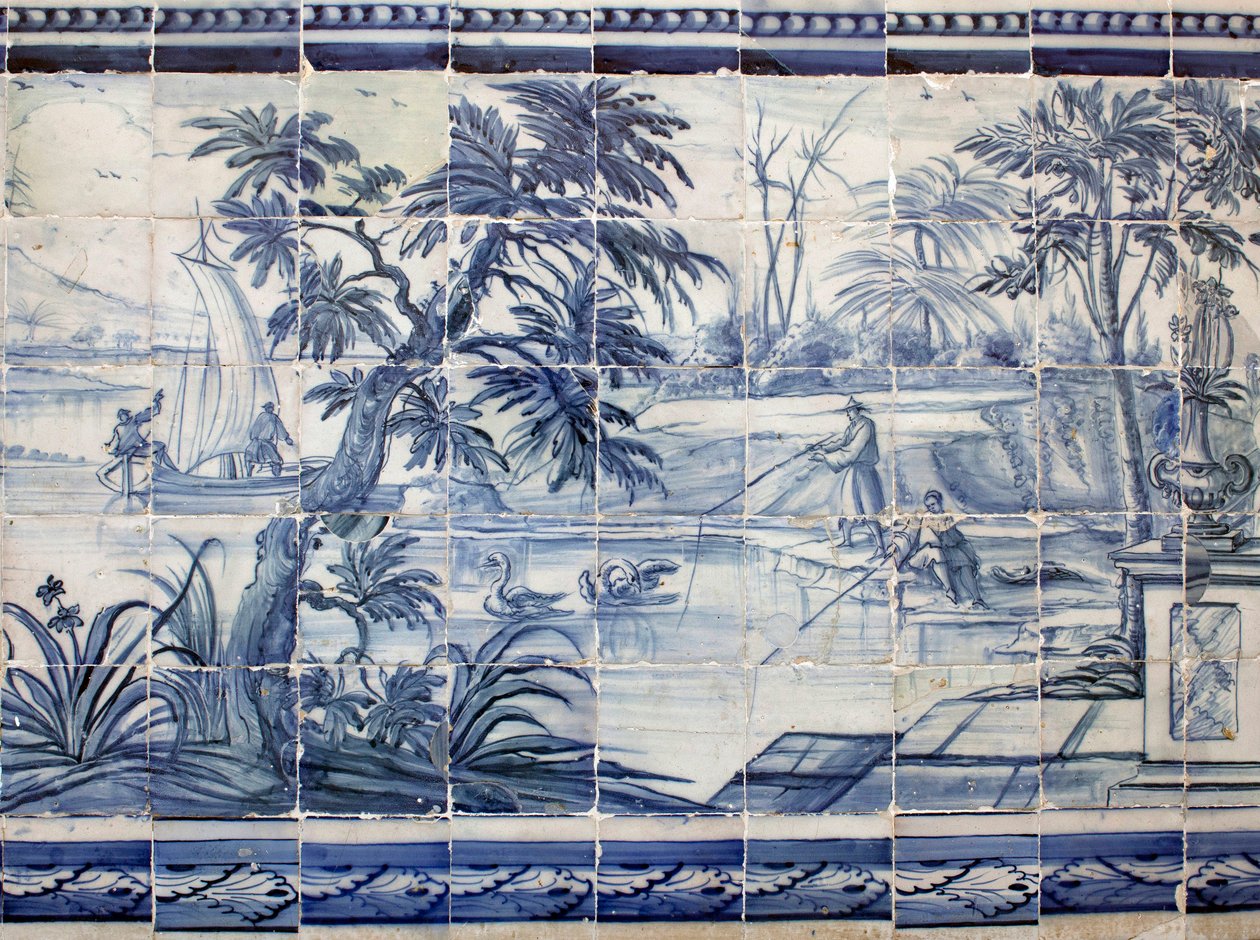 Meer vissers in Azië - Azulejos, geschilderde faience door Portuguese School