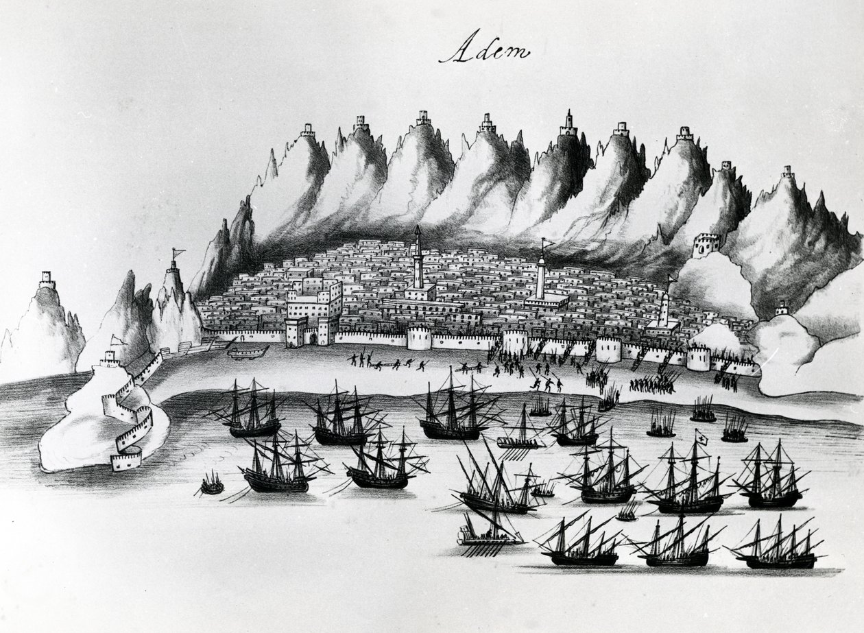 Portugese Aanval op Aden, illustratie uit Legends of India door Gaspar Correia, ca.1858 door Portuguese School