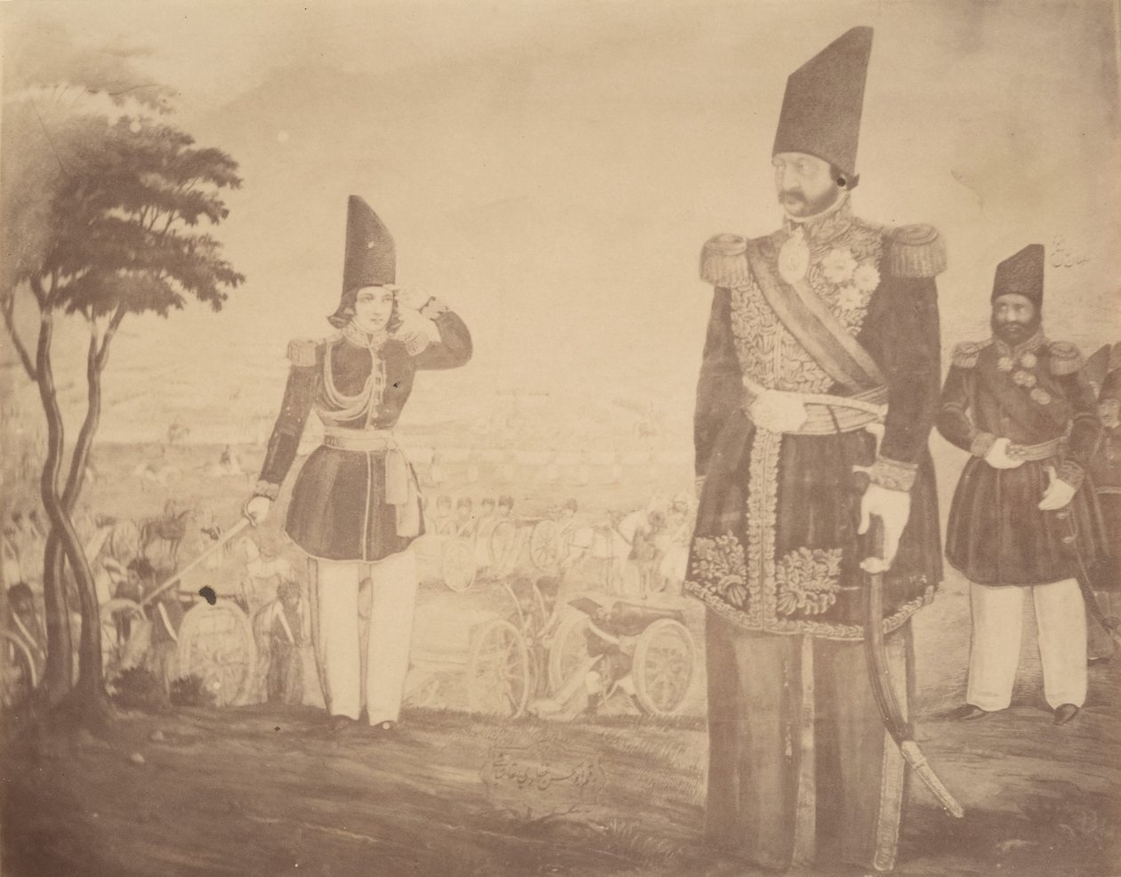 [Een Perzische revue in een schilderij dat ooit toebehoorde aan Ardeshir Mirza, oom van de koning.] door Possibly by Luigi Pesce.