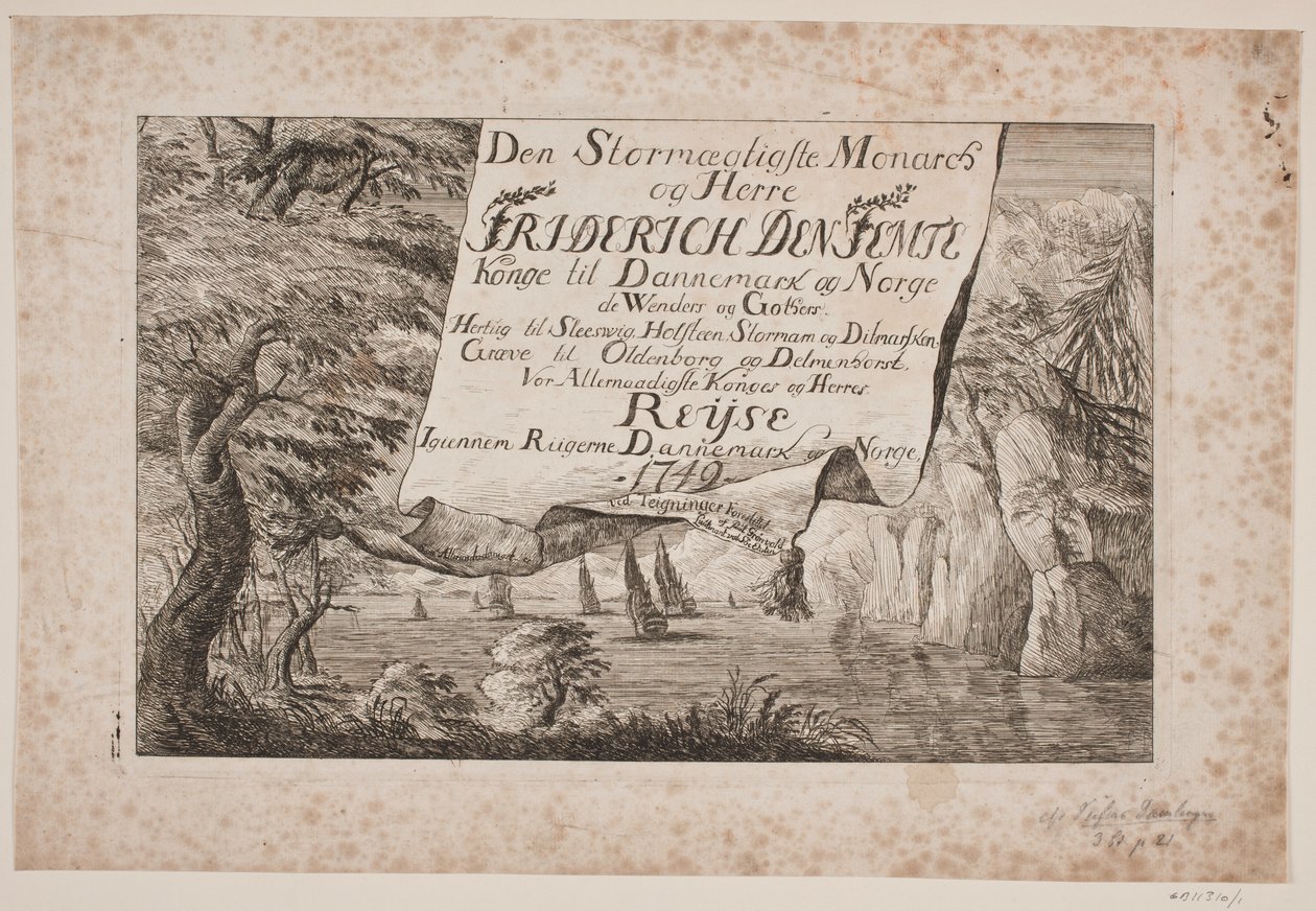 Titelblad voor de reis van koning Frederik V door Denemarken en Noorwegen 1749 door Poul Isac Grønvold