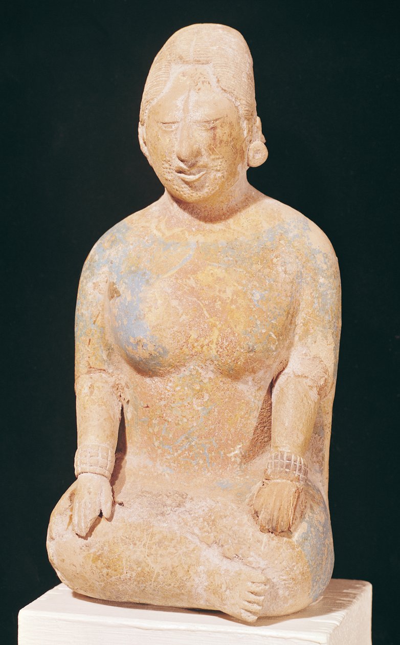 Standbeeld van een zittende vrouw, van de begraafplaats op het eiland Jaina, Campeche, 7e-10e eeuw door Pre Columbian