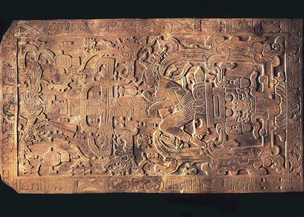 Het graf van koning Pakal uit de Tempel van de Inscripties, Palenque, 615-683 door Pre Columbian art