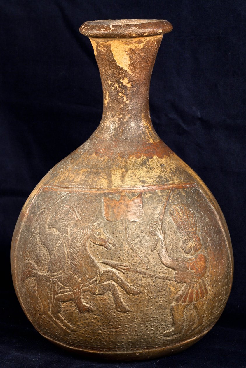 Fles met afbeelding van een gevecht tussen een ruiter en een krijger te voet (terracotta) door Precolombian Precolombian