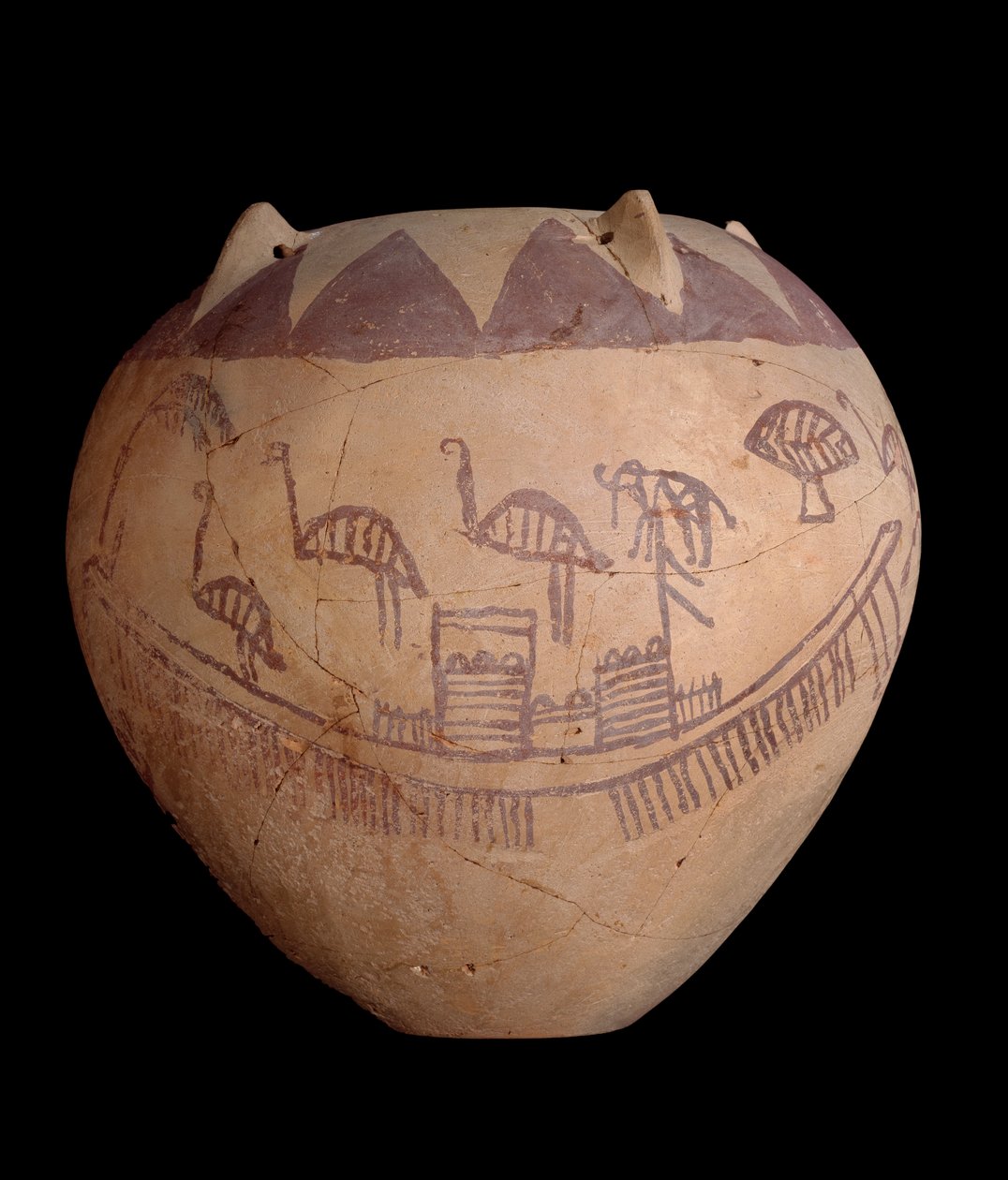 Gebakken kleipot met geschilderde decoratie, inclusief boten en dieren, ca. 3400-3300 v.Chr. door Predynastic Period Egyptian