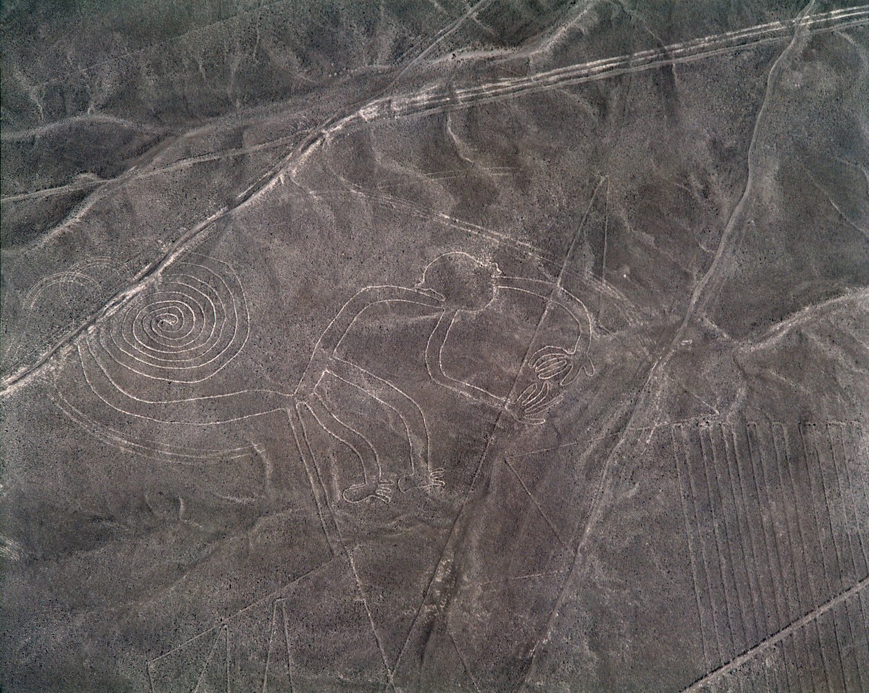 Luchtfoto van een apenfiguur, Nazcalijnen door Prehistoric Prehistoric