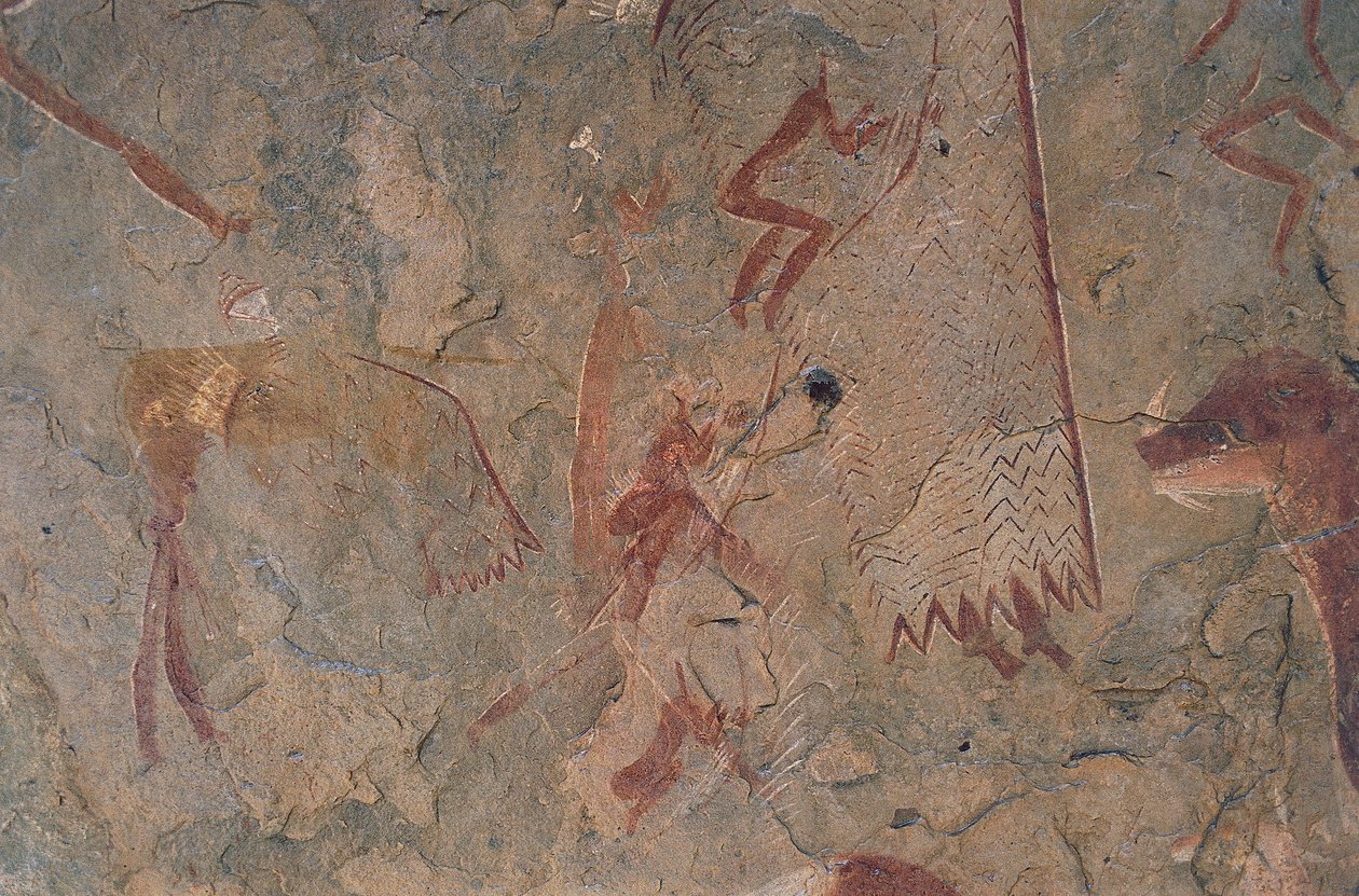 Menselijke en dierlijke figuren (rotschildering) door Prehistoric Prehistoric