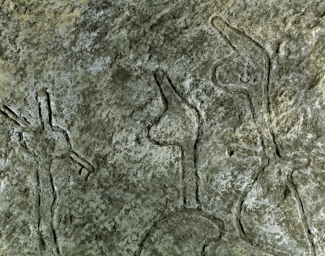 Prehistorie, rotstekeningen: petroglief (graffiti op steen) van een jachtscène. Neolithicum, steentijd. (Azerbeidzjan) Bronstijd. Bakoe, Azerbeidzjan Staatsreligie Geschiedenismuseum door Prehistoric Prehistoric