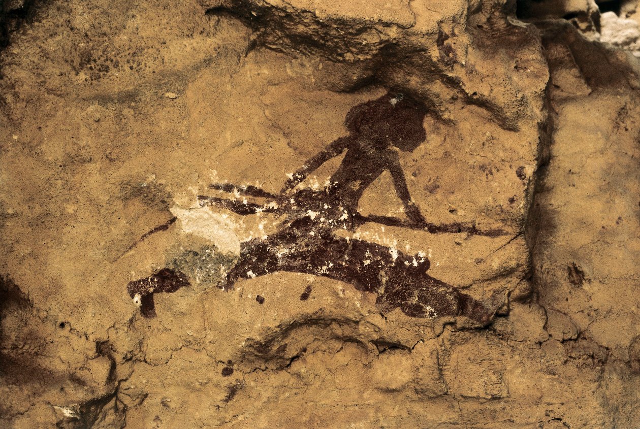 Rotstekeningen: vrouw jager. Prehistorie, Boven-Paleolithicum. Tio Garroso Grot, Spanje. door Prehistoric Prehistoric