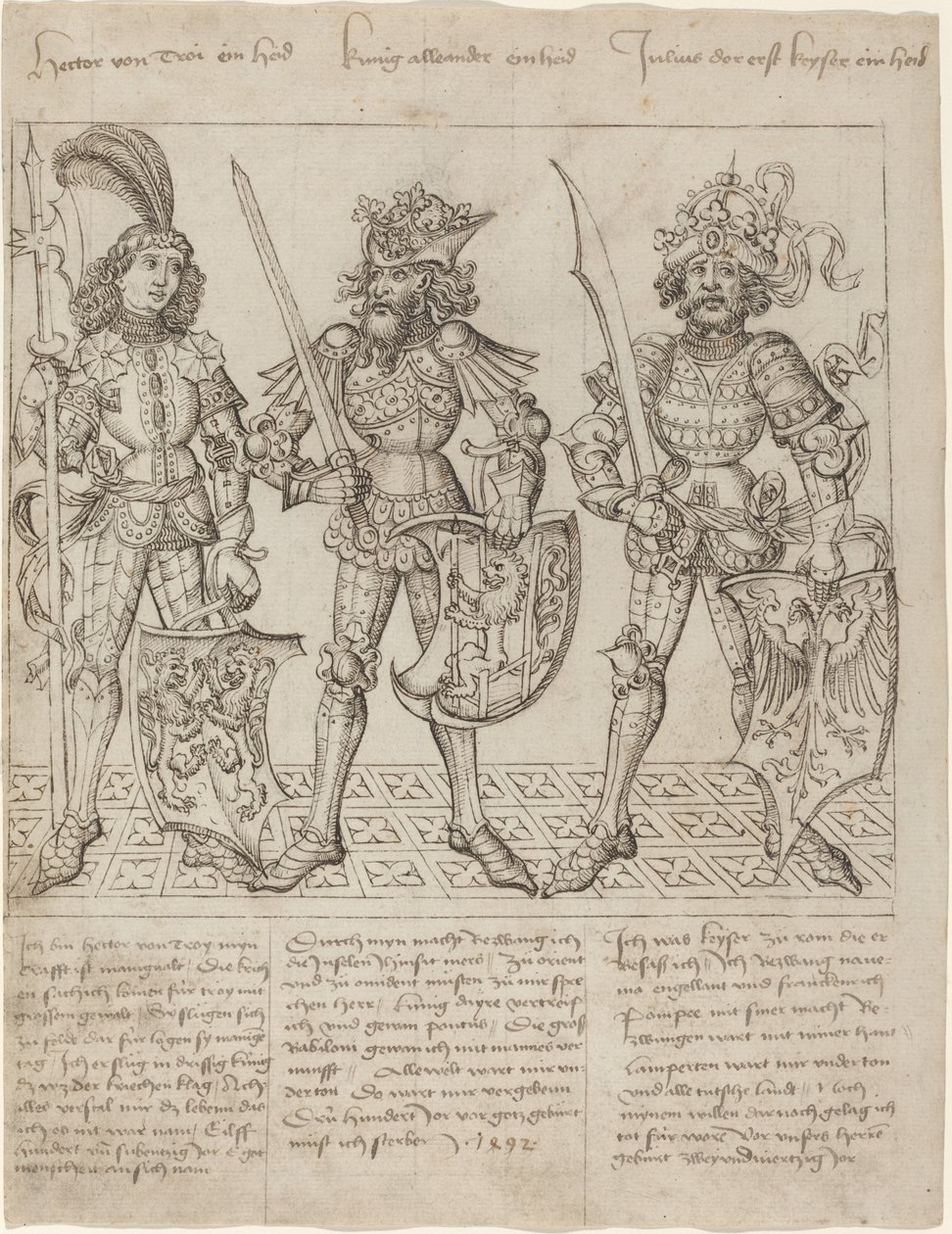 Hector van Troje, Alexander de Grote en Julius Caesar door Primary Master of the Strassburg Chronicle