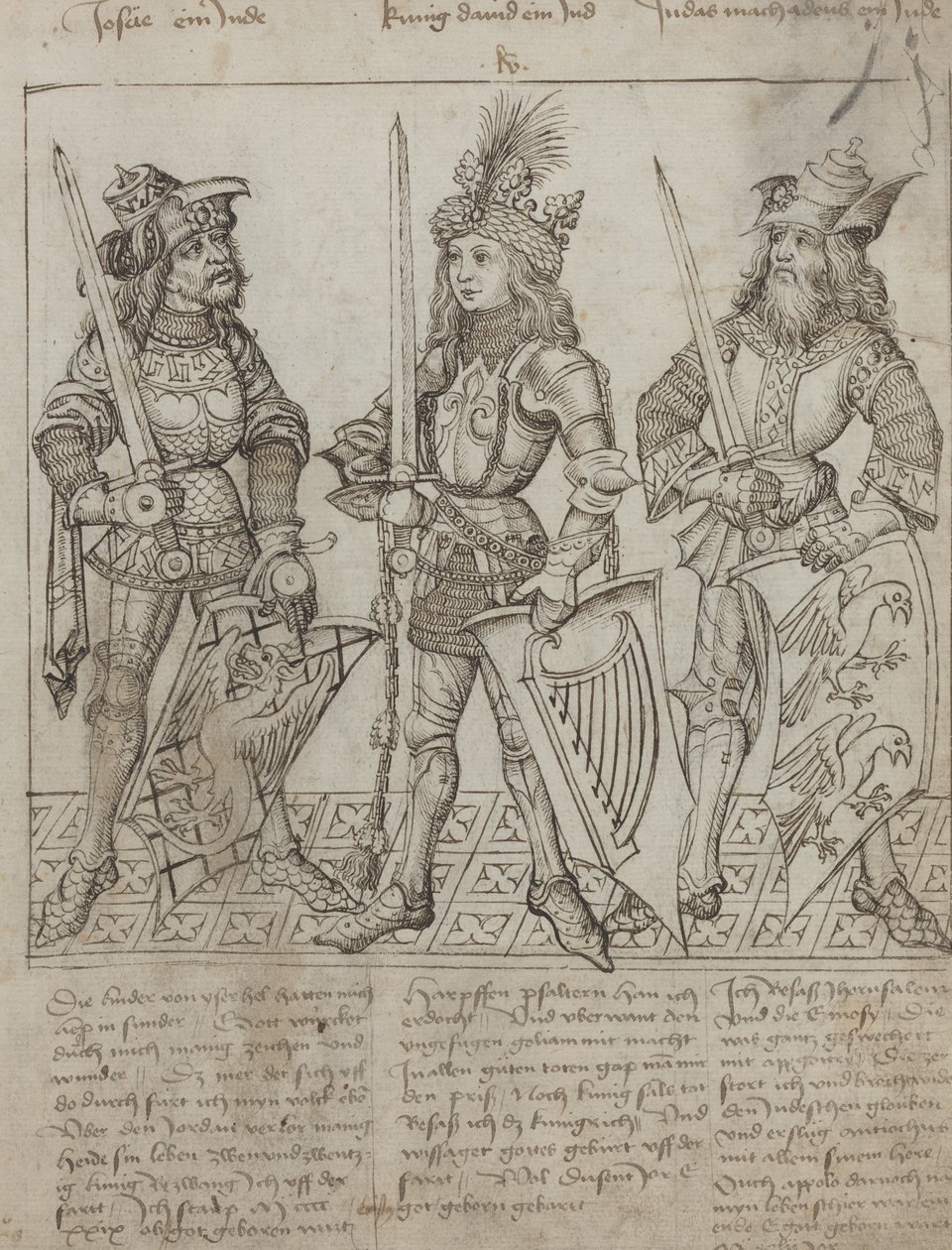 Jozua, Koning David en Judas Maccabeüs door Primary Master of the Strassburg Chronicle