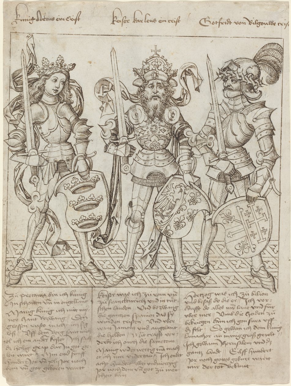 Koning Arthur, Karel de Grote en Godfried van Bouillon door Primary Master of the Strassburg Chronicle