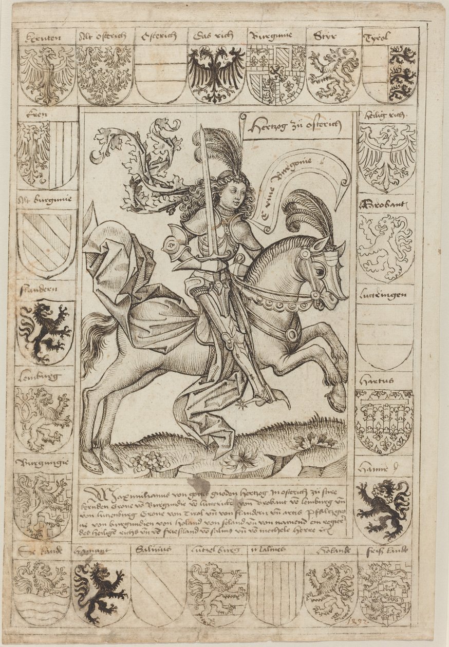 Maximiliaan, Hertog van Oostenrijk, te Paard door Primary Master of the Strassburg Chronicle
