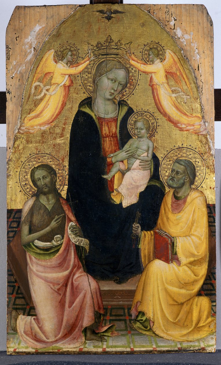 Madonna en Kind op de troon gekroond door twee Engelen, Johannes de Doper en de Apostel Petrus, c.1410-20 door Pseudo Baldese Pseudo Baldese