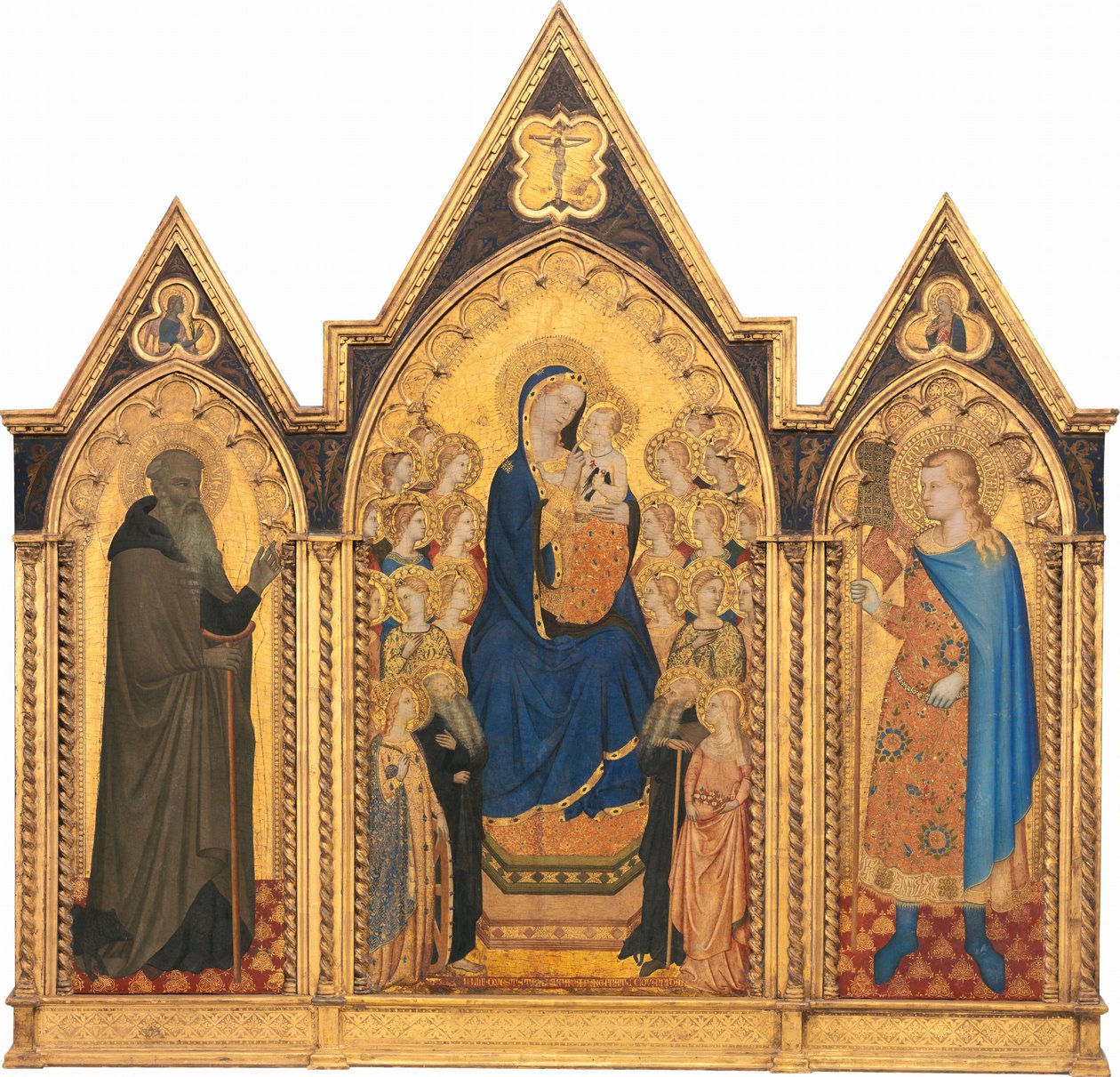 Madonna en Kind op de Troon met Heiligen en Engelen, en Heilige Antonius Abt, 1354 door Puccio di Simone