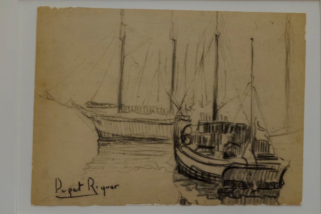boten, Narcís Puget Riquer, tekening met houtskool, museum Puget, adellijk huis van Can LLaudis, Dalt Vila, Ibiza, Balearen, Spanje door Puget Riquer