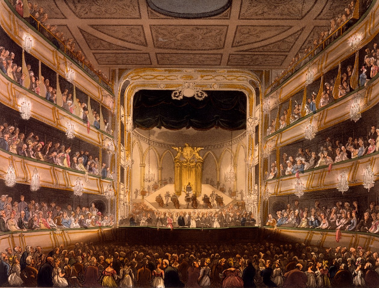 Covent Garden Theater, uit Microcosm of London door R. Ackermann, 1808 door Pugin and Rowlandson
