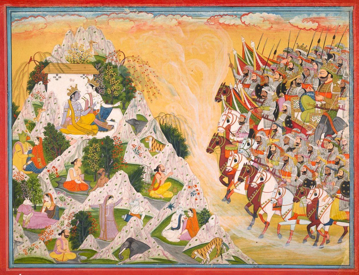 Het leger van Jarasandha trekt op naar Krishna en Balarama, folio uit een Mahabharata, ca. 1800-1815 door Purkhu