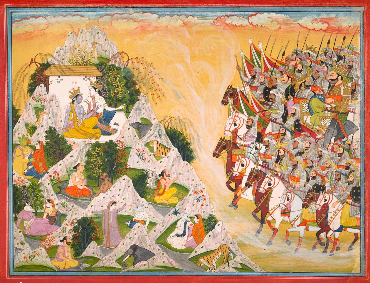Het leger van Jarasandha trekt op naar Krishna en Balarama, folio uit een Mahabharata, ca. 1800-1815 door Purkhu of Kangra