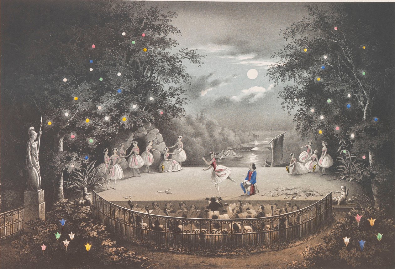 Het ballet Naiad en Visser door C. Pugni in het Roze paviljoen, in het Peterhof Park, 1851 door Pyotr Fyodorovich Borel