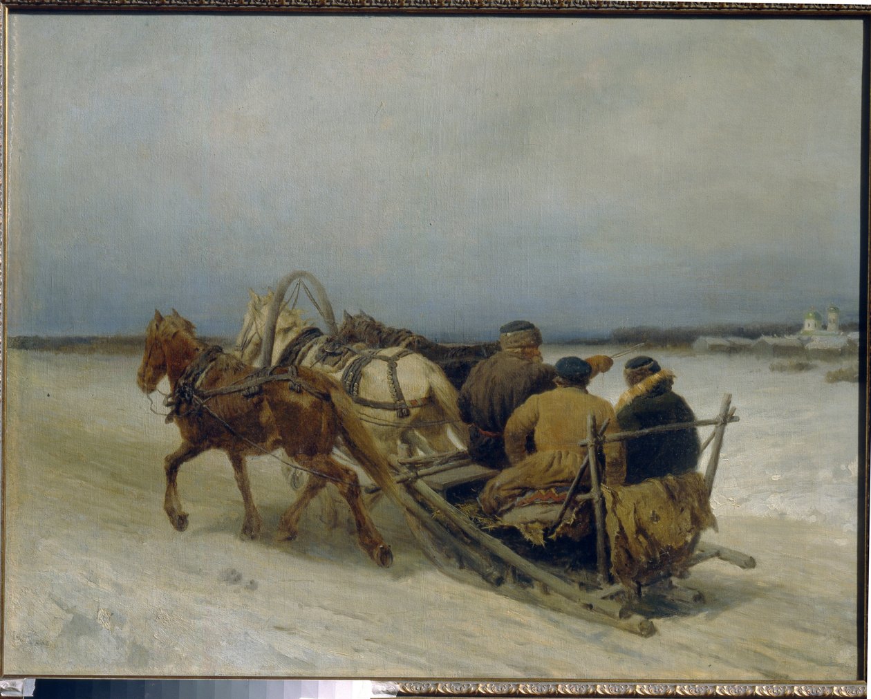 Troika in de winter (Russische slee getrokken door drie paarden) door Pyotr Petrovich Sokolov