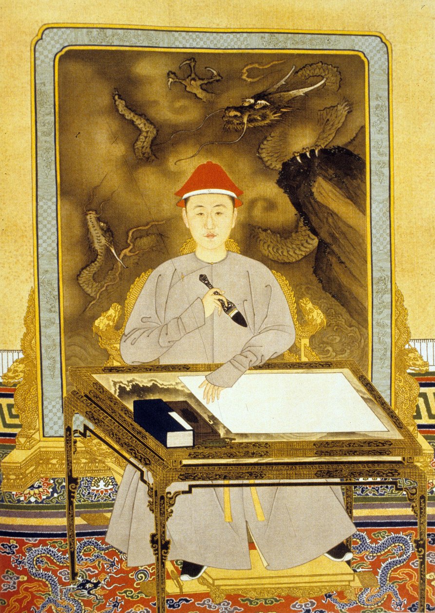 Heng Tsu of Kangxi, Keizer van China aan zijn schrijftafel door Qing Dynasty   Kangxi Period Chinese School