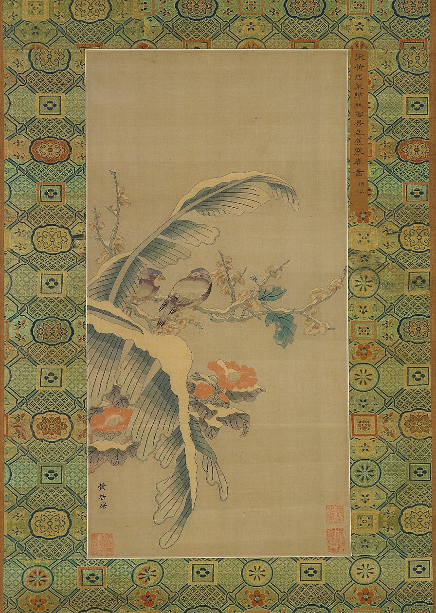 Kesi-tapijt van vogels en met sneeuw beladen bomen door Qing Dynasty Chinese School