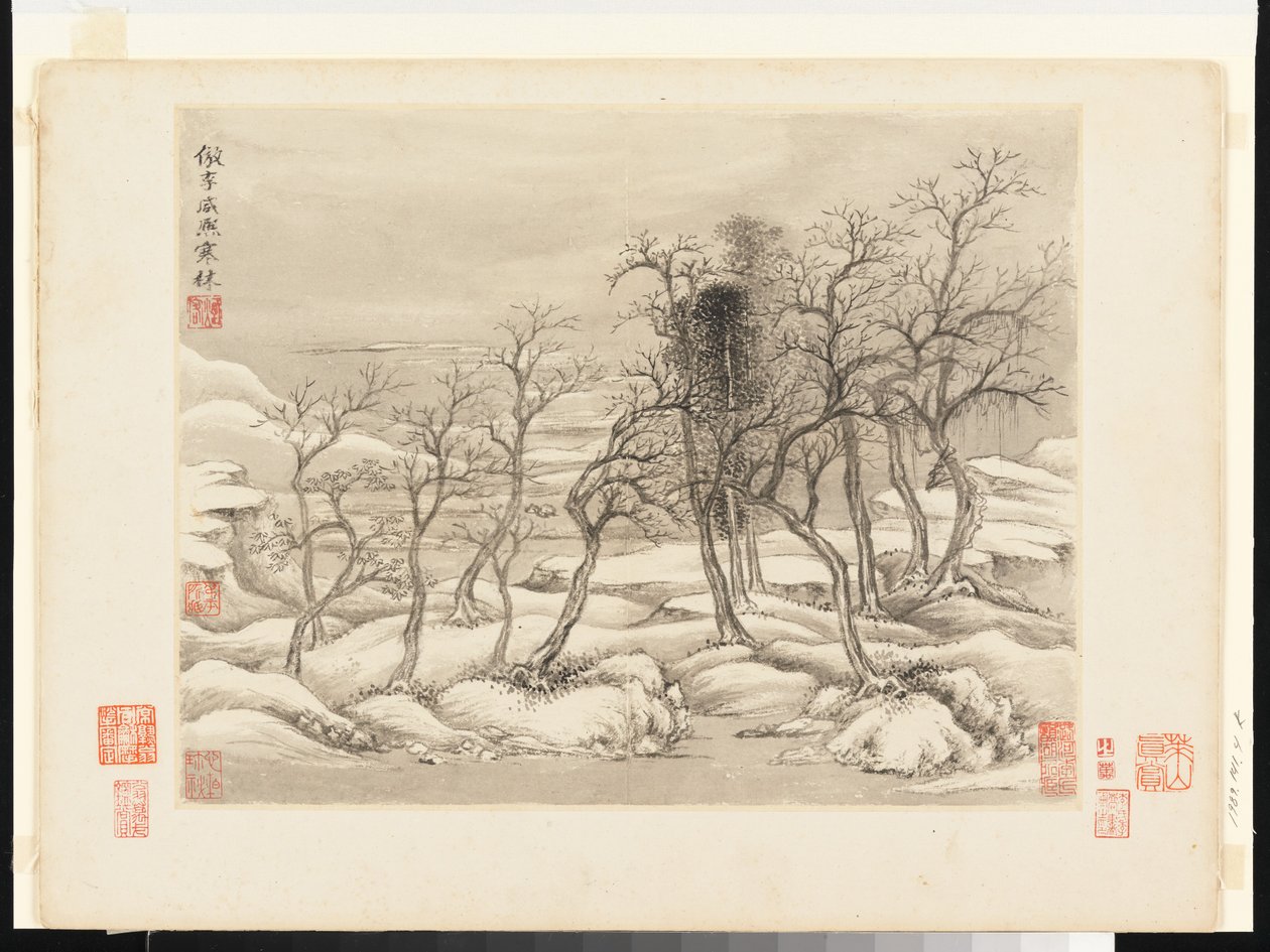 Landschappen naar oude meesters, gedateerd 1674 en 1677 (album van twaalf bladen; inkt en kleur op papier) door Qing Dynasty Chinese School