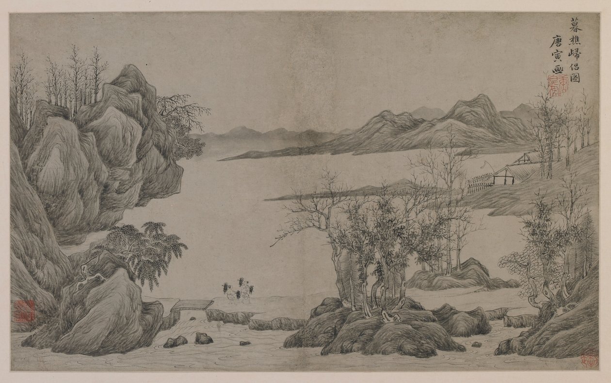 Riviergezicht en houtverzamelaars door Qing Dynasty Chinese School