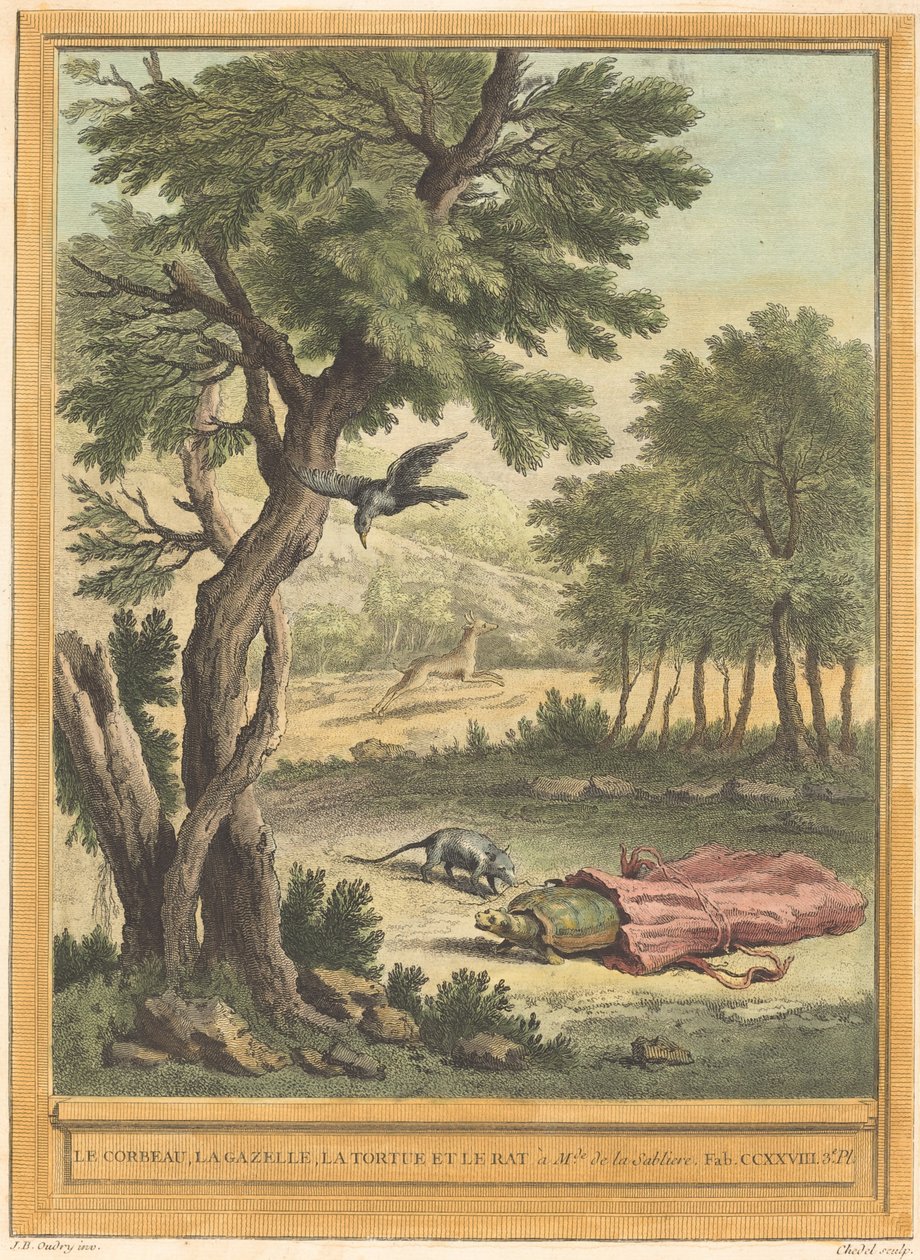 De Raaf, de Gazelle, de Schildpad en de Rat door Quentin Pierre Chedel after Jean Baptiste Oudry