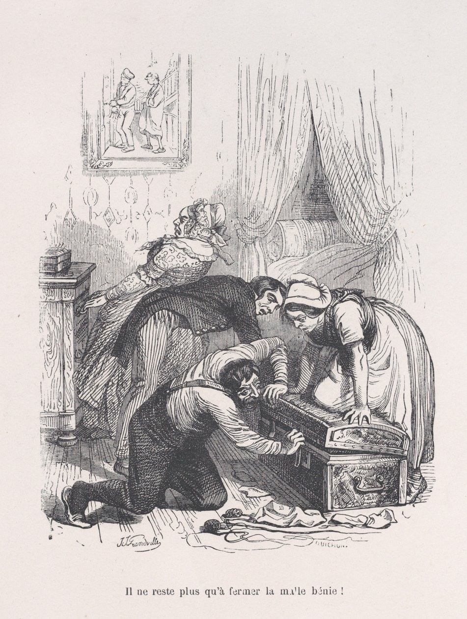 Alles wat overblijft is om de gezegende koffer te sluiten! uit de Kleine Miseries van het Menselijk Leven, 1843 door Quichon