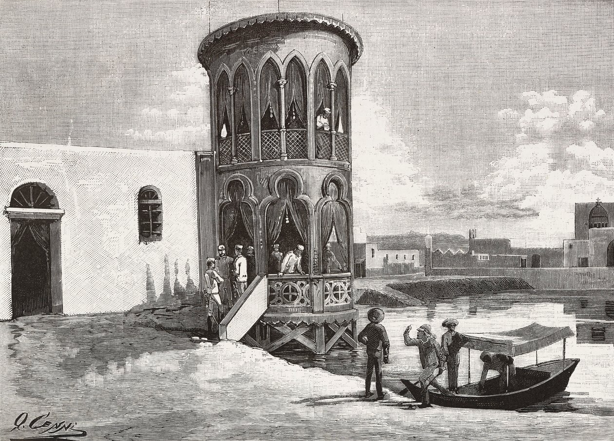 Een Moorse kleine toren die de club van de Italiaanse officieren huisvest, Massawa, Eritrea, gravure naar tekening door Quinto Cenni en schets door Pieragostini, uit L